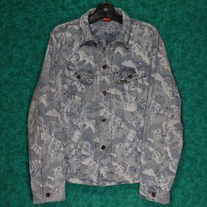 Mens SUPREME Blue Jacquard Cherubs Demin Trucker Jacket. SIZE Large.